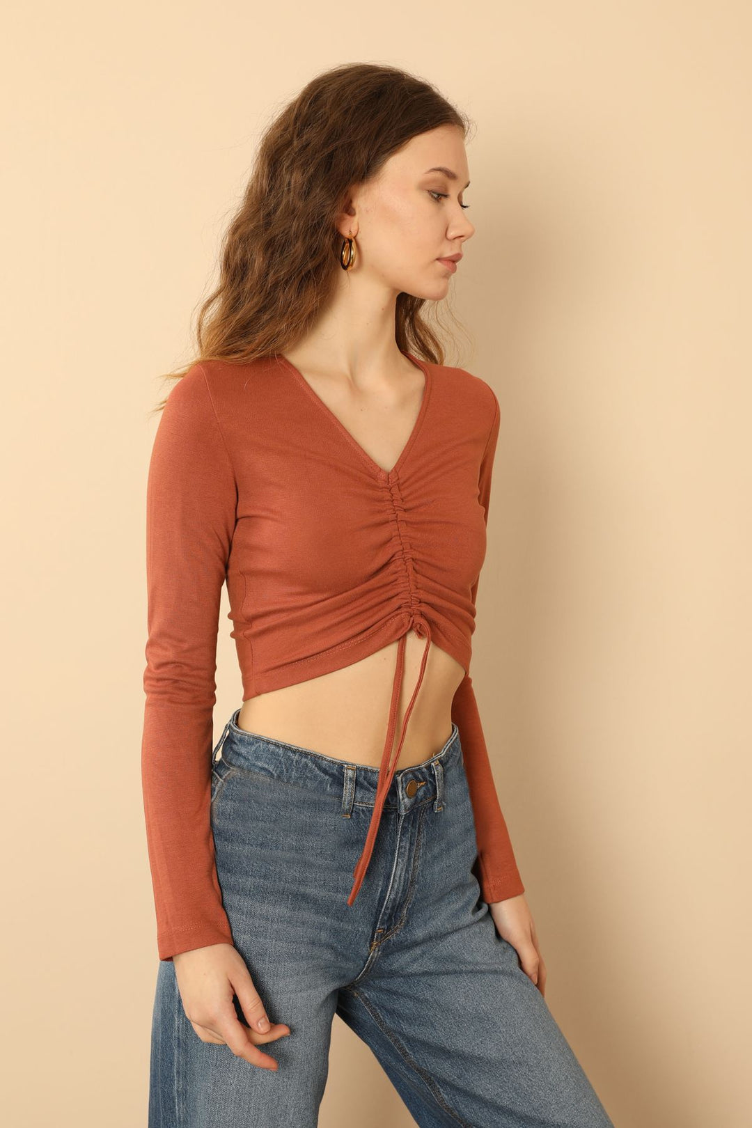 KKT Knit Fabric Long Sleeve V Neck Shirred Front Blouse - Brick  - Missoula