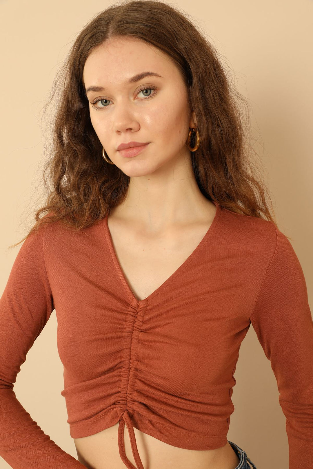 KKT Knit Fabric Long Sleeve V Neck Shirred Front Blouse - Brick  - Missoula