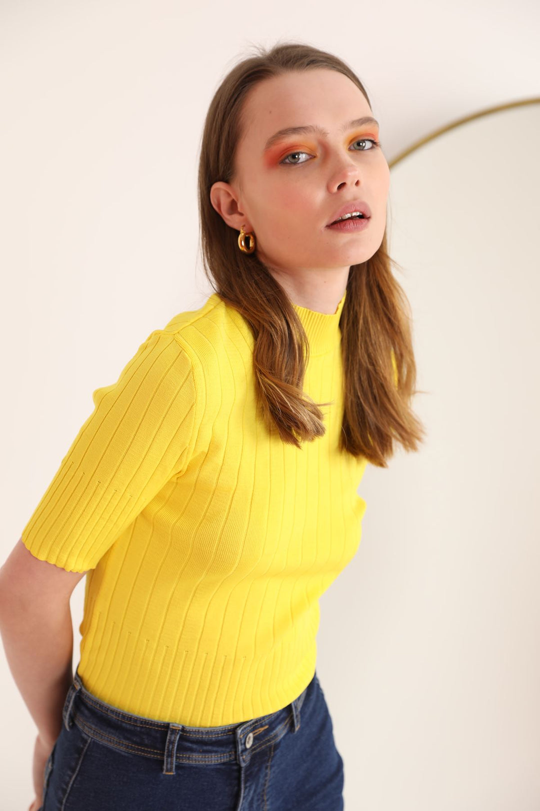 KKT Knitwear Fabric Turtleneck Corduroy Women's Blouse-Yellow - Limburg