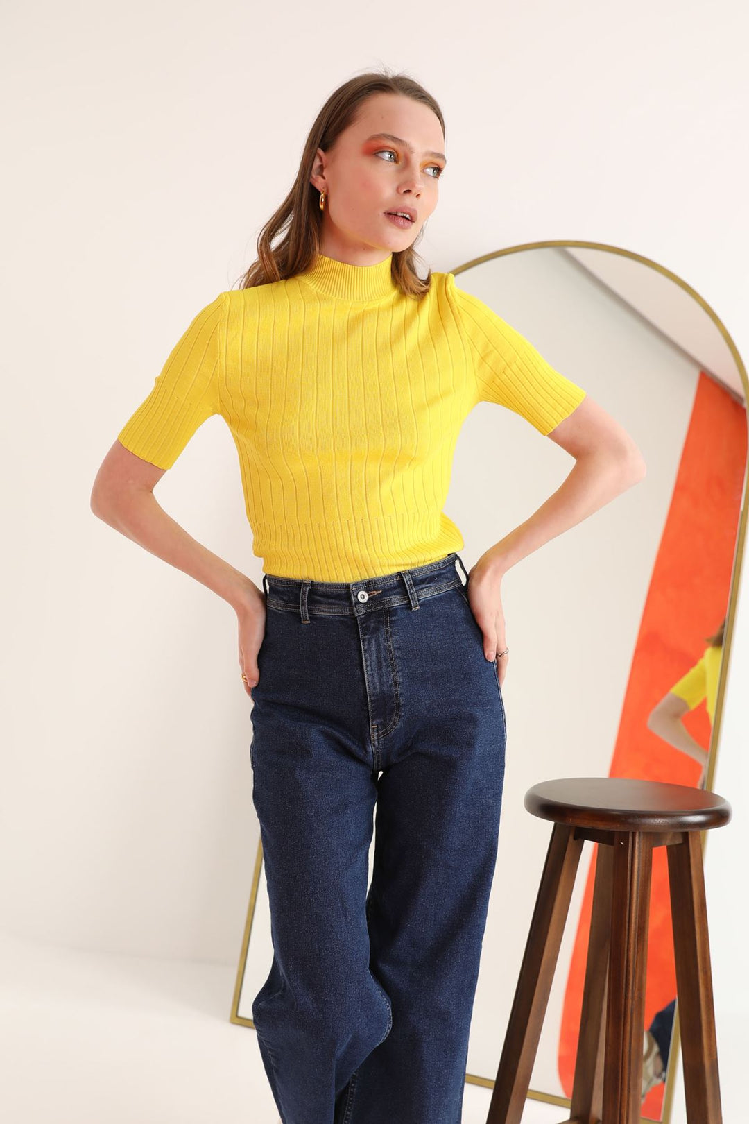 KKT Knitwear Fabric Turtleneck Corduroy Women's Blouse-Yellow - Limburg