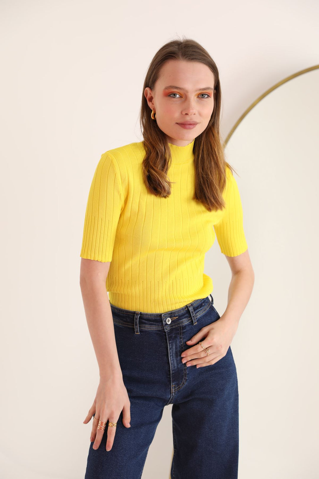 KKT Knitwear Fabric Turtleneck Corduroy Women's Blouse-Yellow - Limburg