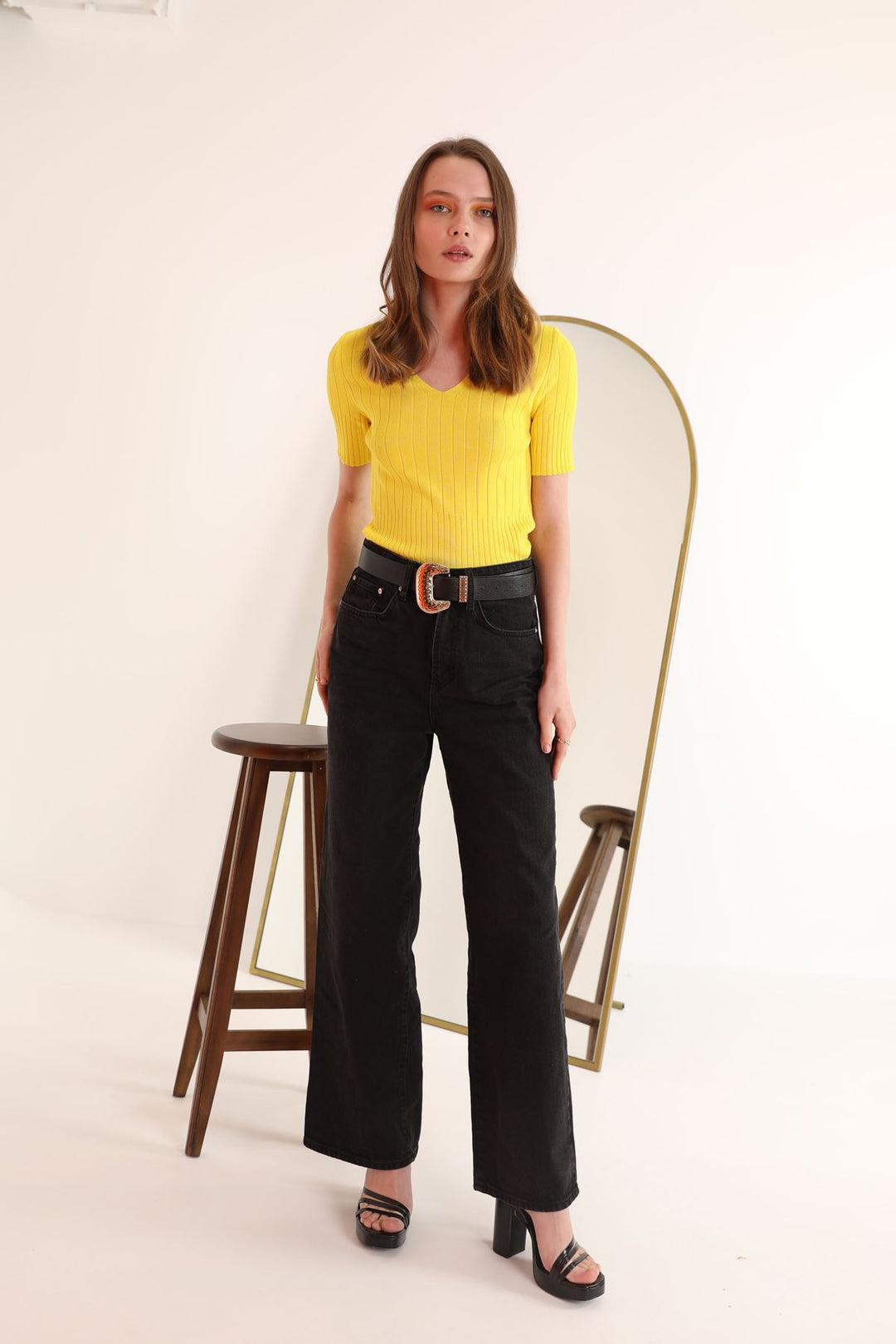 KKT Knitwear Fabric Ribbed V-Neck Women's Blouse-Yellow - Glendora