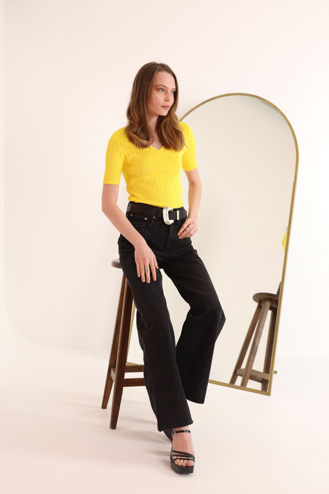 KKT Knitwear Fabric Ribbed V-Neck Women's Blouse-Yellow - Glendora