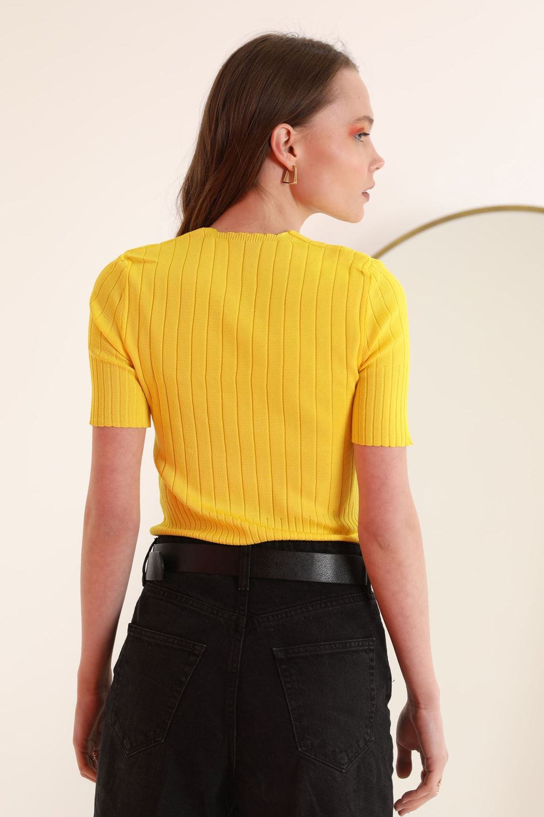 KKT Knitwear Fabric Ribbed V-Neck Women's Blouse-Yellow - Glendora