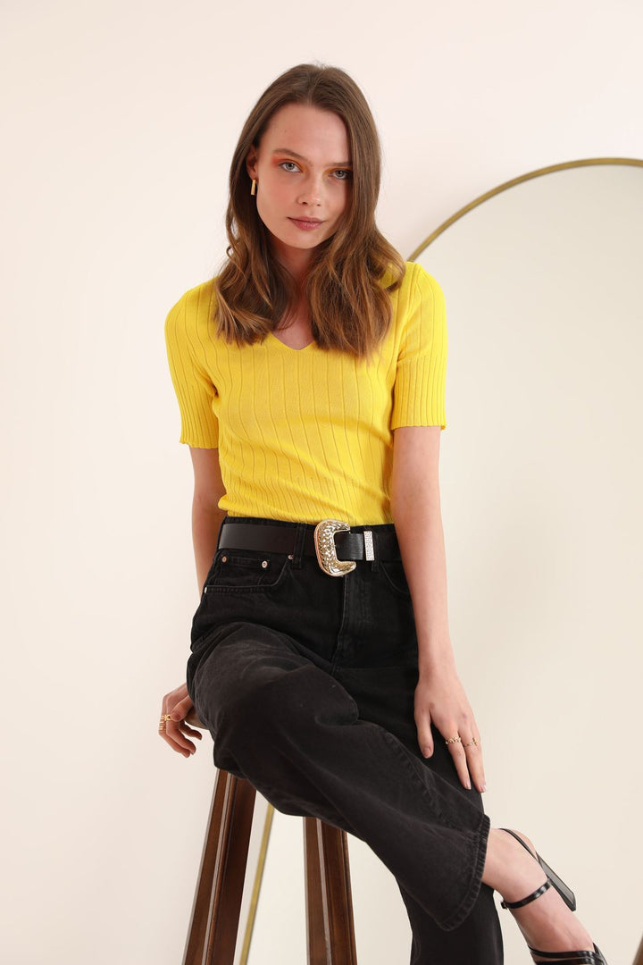 KKT Knitwear Fabric Ribbed V-Neck Women's Blouse-Yellow - Glendora