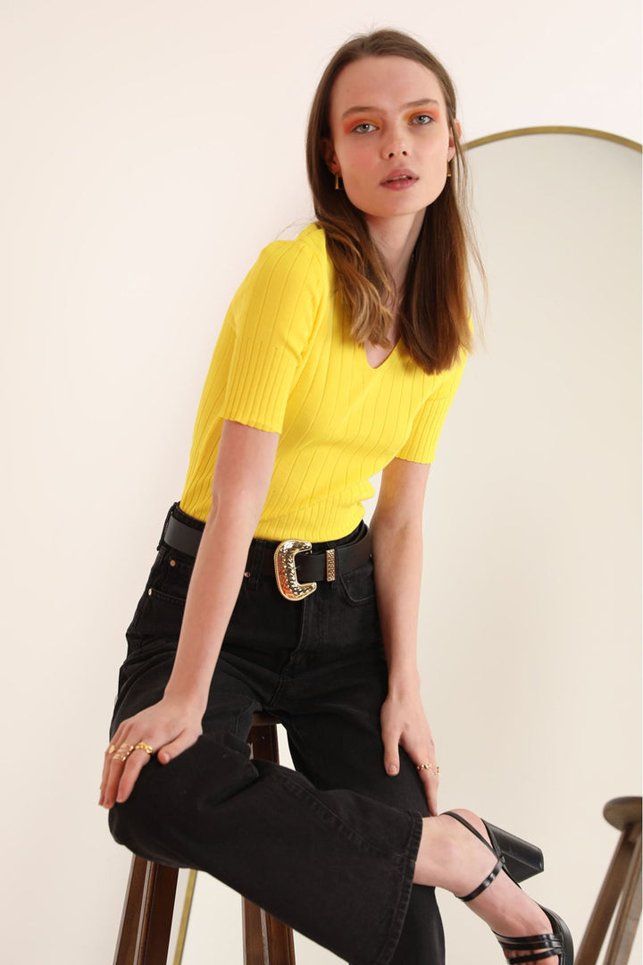 KKT Knitwear Fabric Ribbed V-Neck Women's Blouse-Yellow - Glendora
