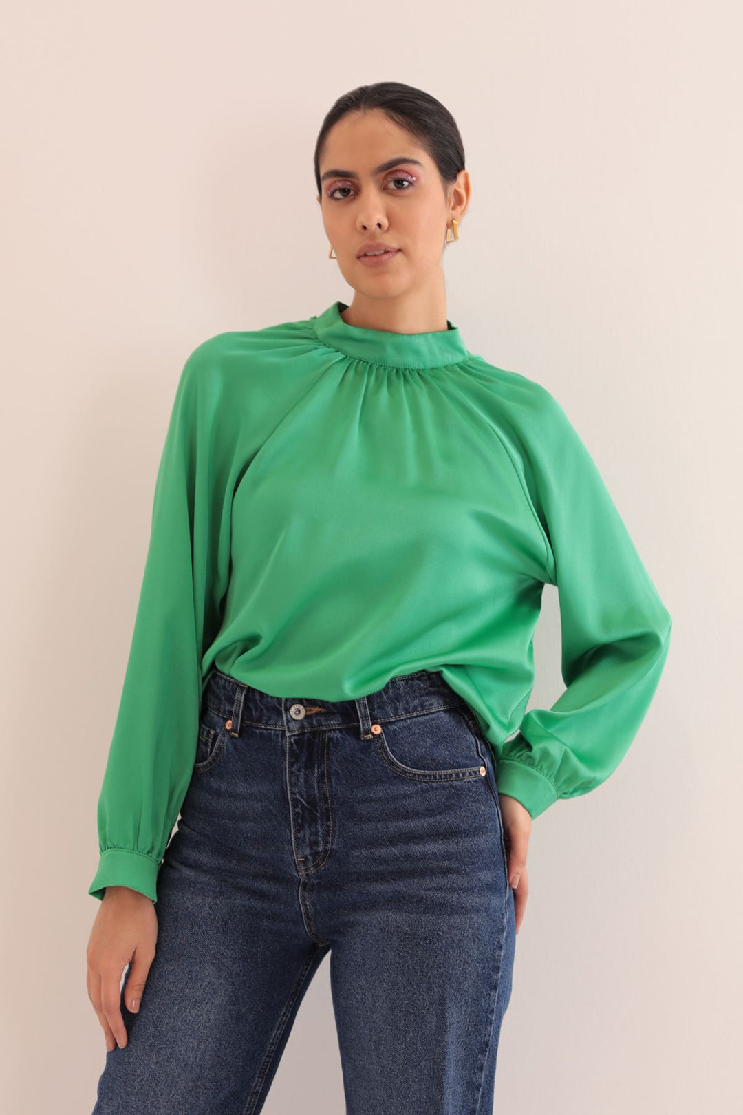 KKT Kobe Satin Fabric Back Detail Women Blouse-Green - Dayton