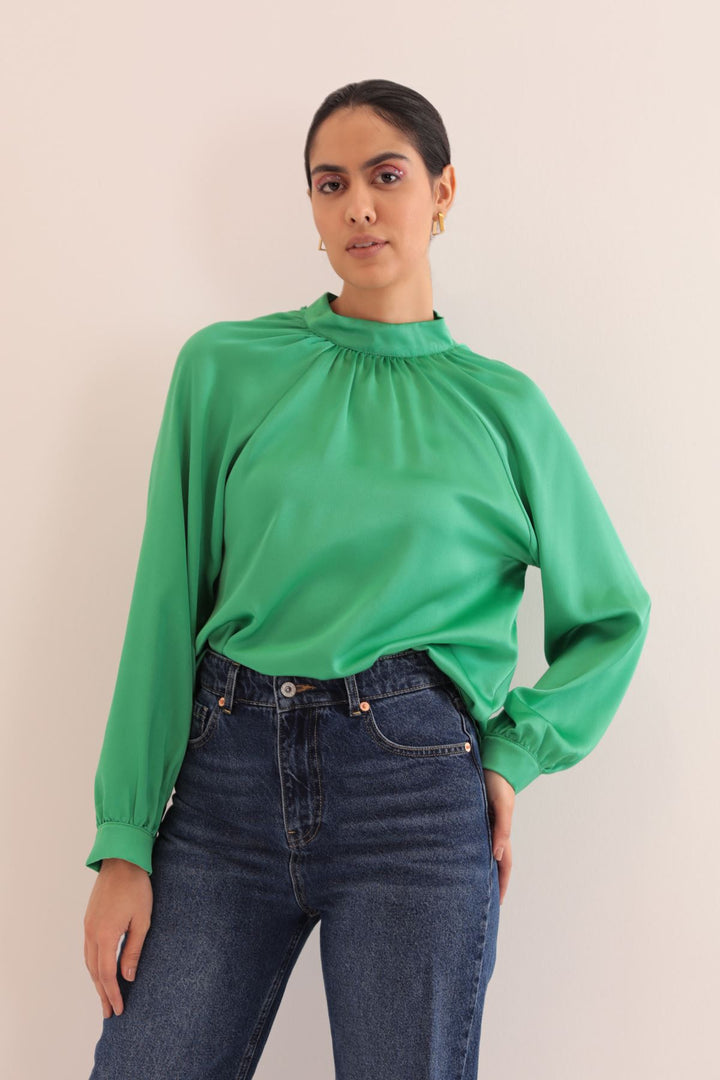 KKT Kobe Satin Fabric Back Detail Women Blouse-Green - Dayton