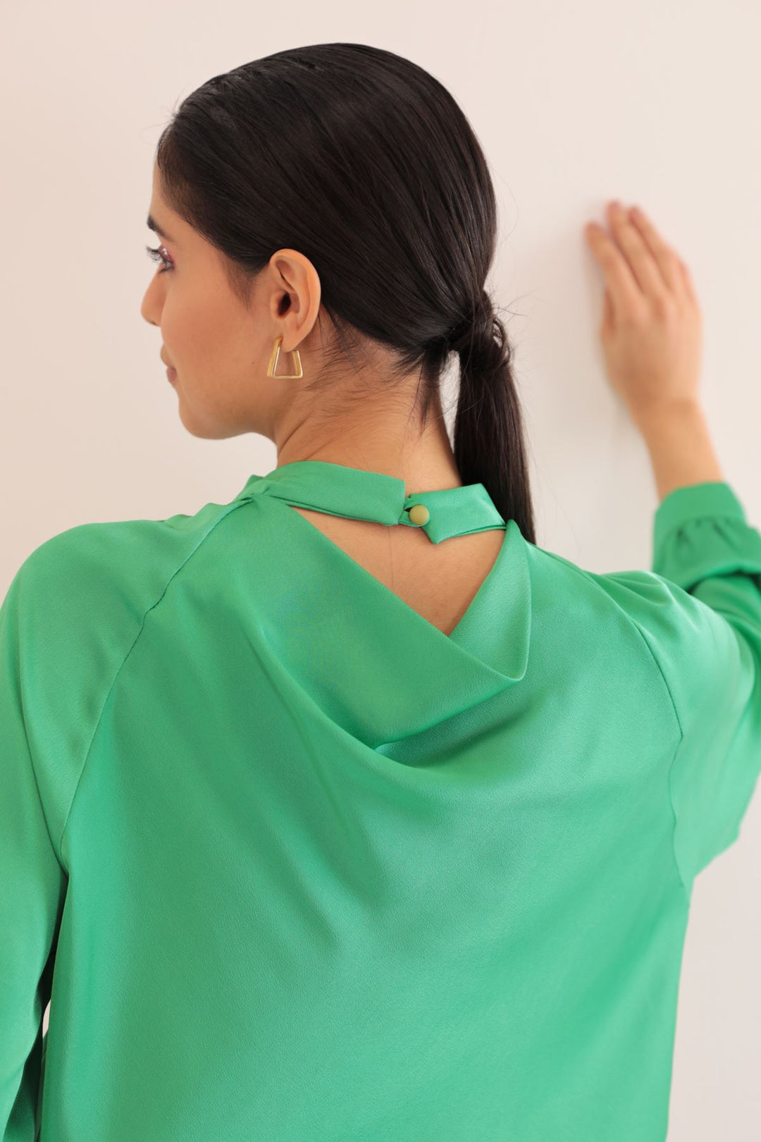 KKT Kobe Satin Fabric Back Detail Women Blouse-Green - Dayton