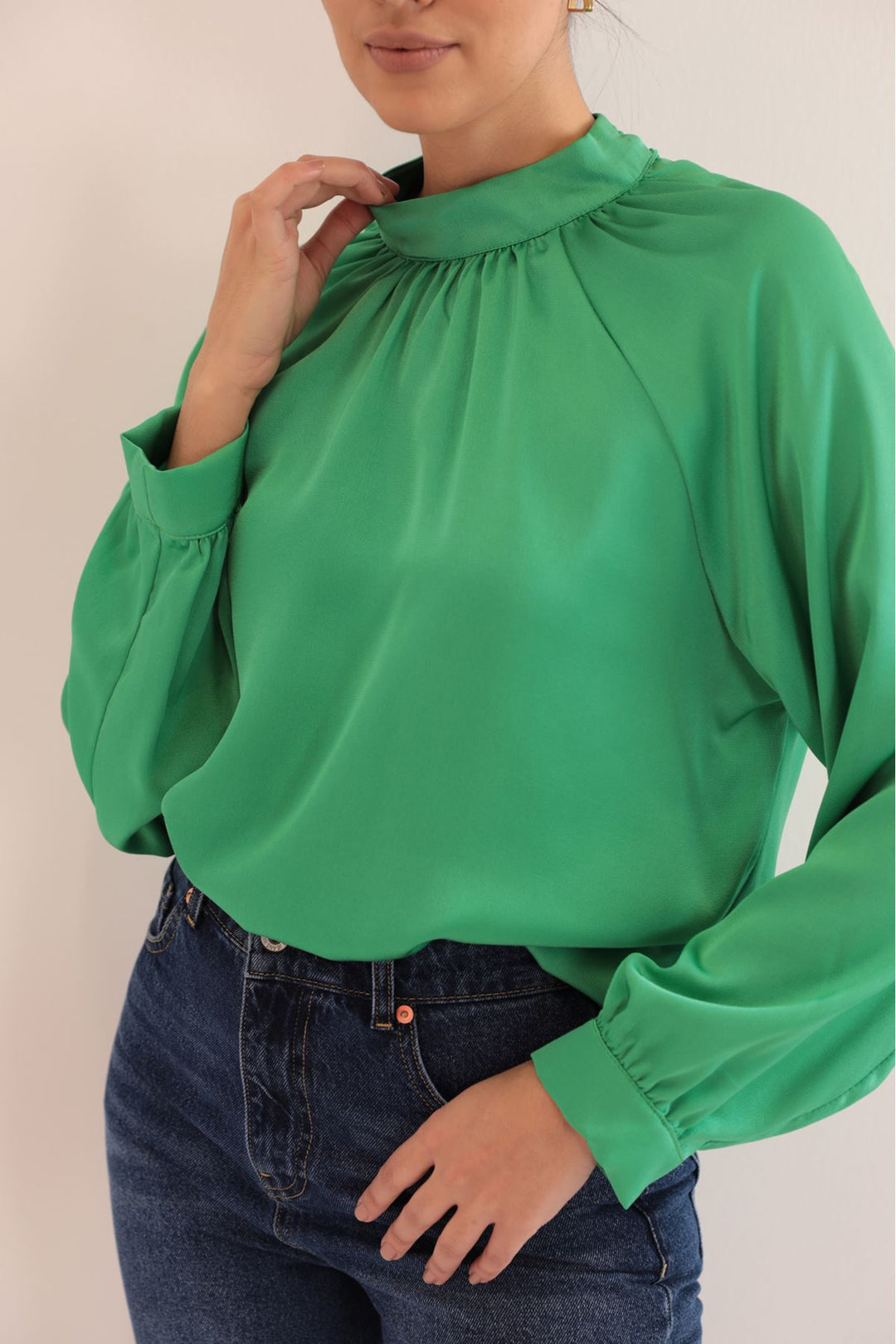 KKT Kobe Satin Fabric Back Detail Women Blouse-Green - Dayton