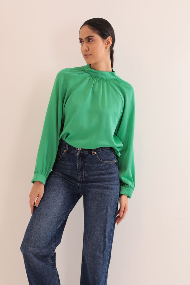 KKT Kobe Satin Fabric Back Detail Women Blouse-Green - Dayton