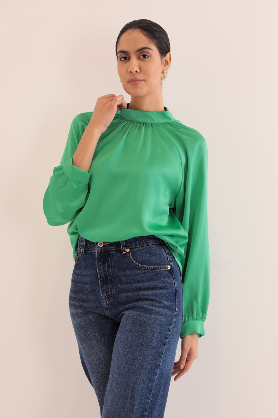 KKT Kobe Satin Fabric Back Detail Women Blouse-Green - Dayton