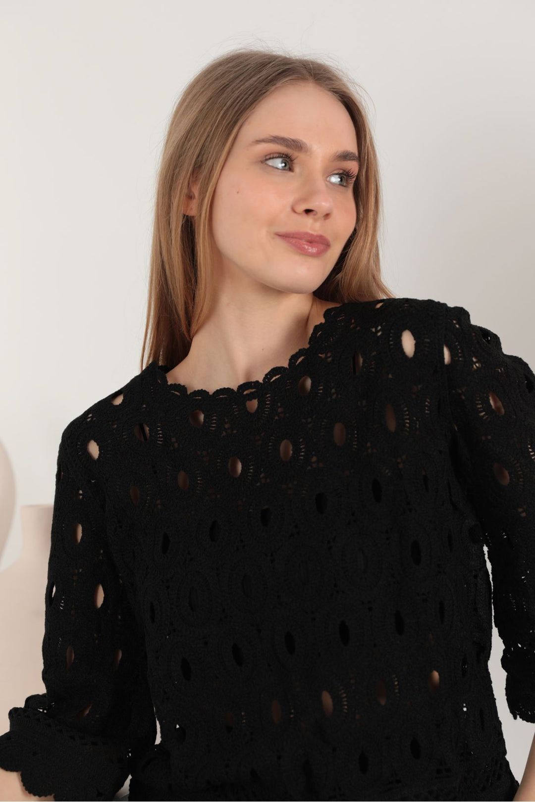 KKT Embroidered Lace Fabric Three Quarter Sleeve Unlined Women's Blouse-Black - Playas de Rosarito