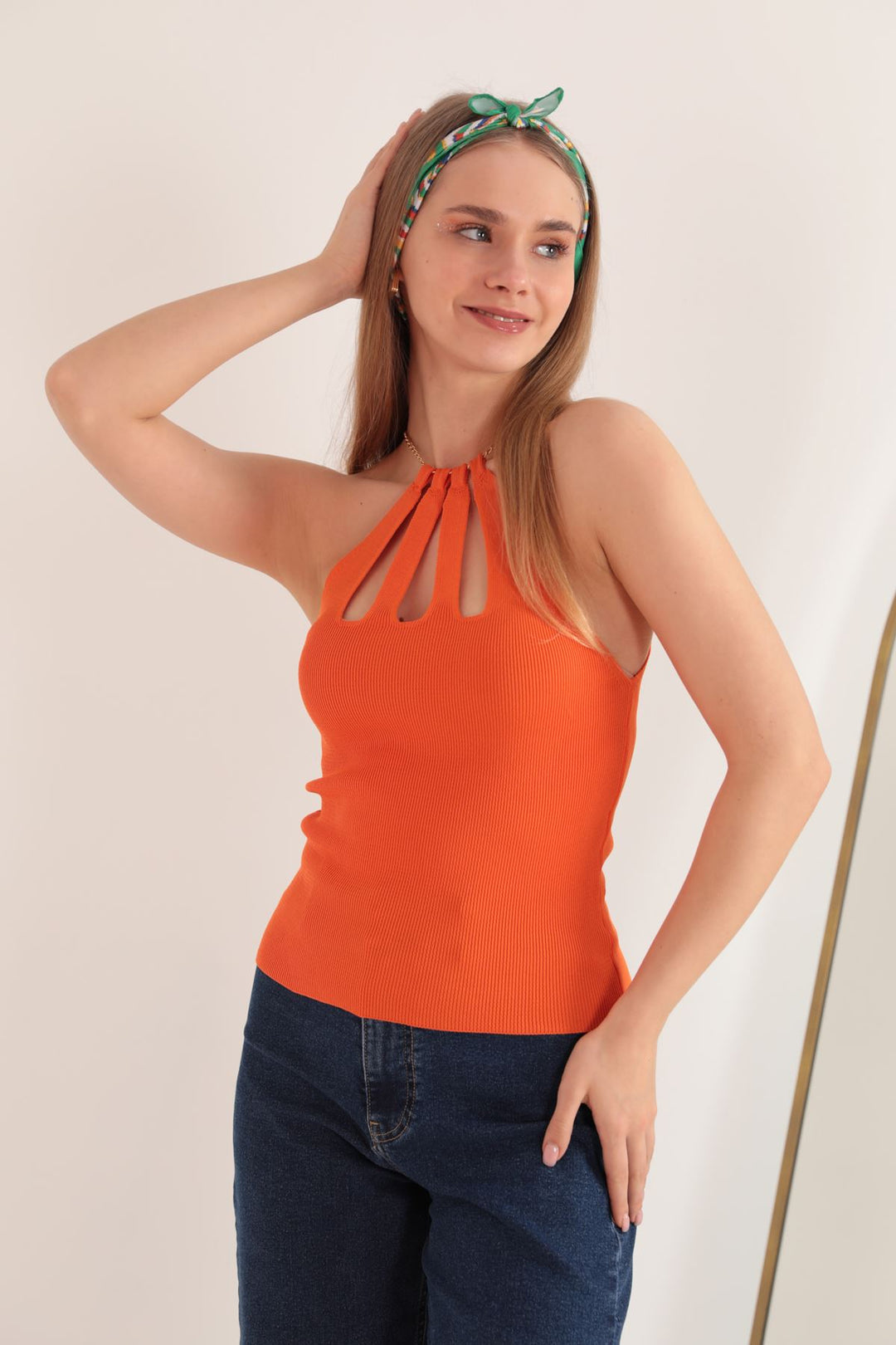 KKT Knitwear Fabric Chain Detail Women's Blouse-Orange - Manteca