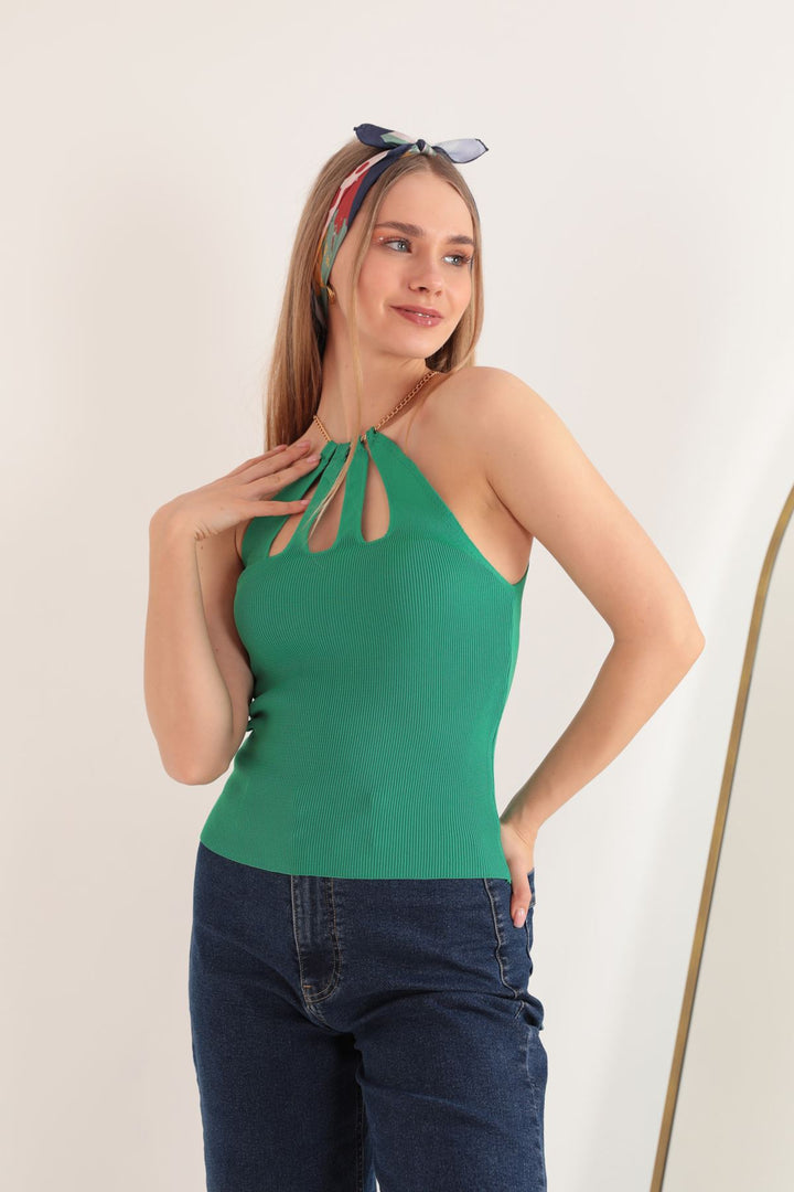 KKT Knitwear Fabric Chain Detail Women's Blouse-Green - Montemorelos