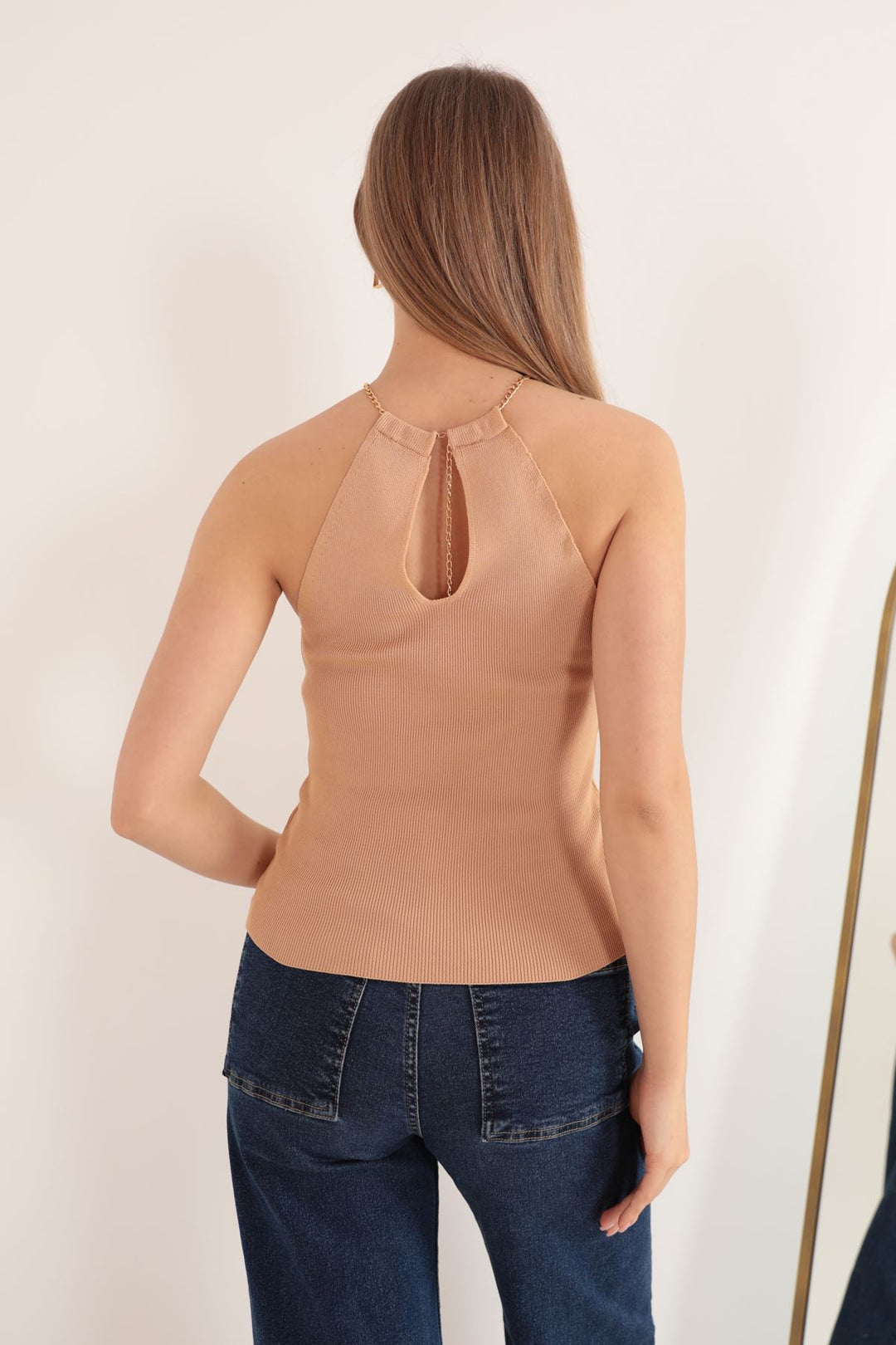 KKT Knitwear Fabric Chain Detail Women's Blouse-Biscuit - Burriana