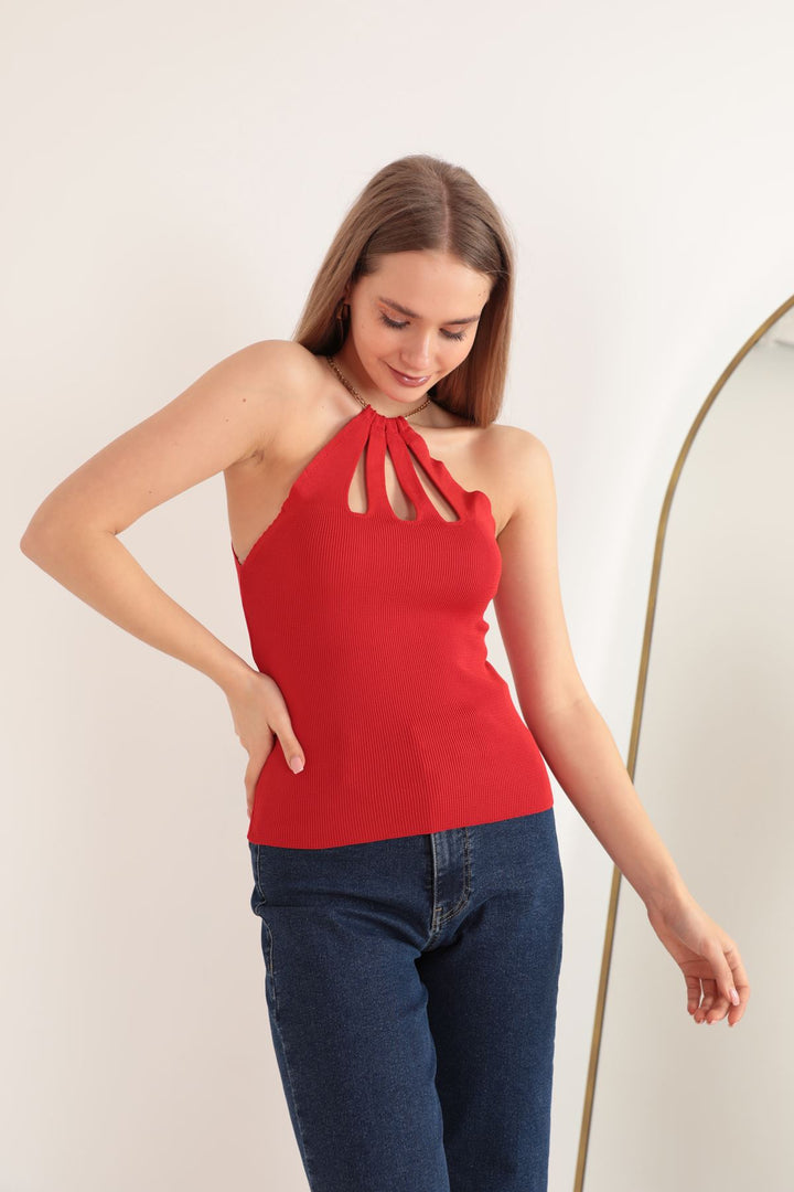KKT Knitwear Fabric Chain Detail Women's Blouse-Red - Georgetown