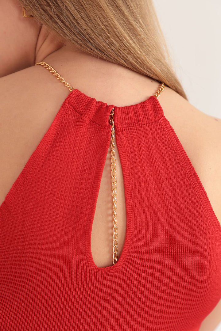 KKT Knitwear Fabric Chain Detail Women's Blouse-Red - Georgetown