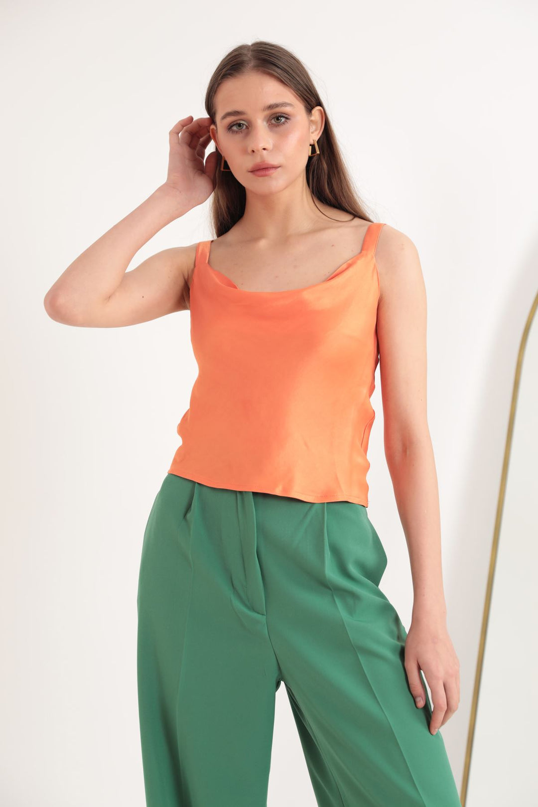 KKT Satin Fabric Collared Collar Women's Blouse-Orange - Petroúpoli