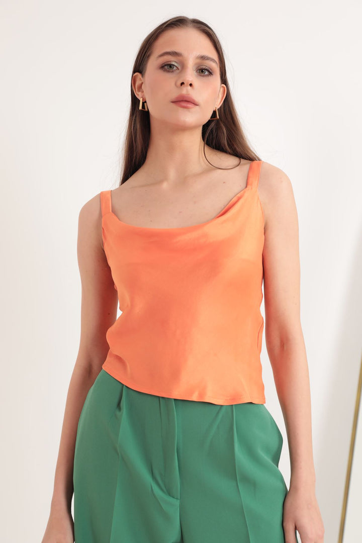 KKT Satin Fabric Collared Collar Women's Blouse-Orange - Petroúpoli
