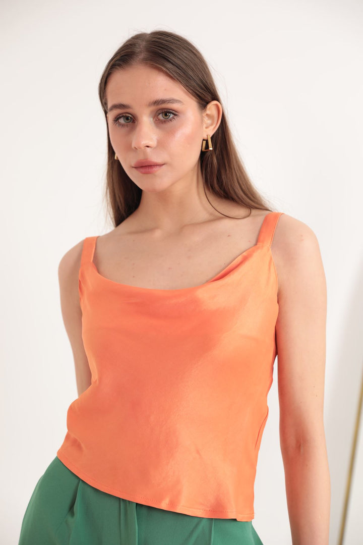 KKT Satin Fabric Collared Collar Women's Blouse-Orange - Petroúpoli
