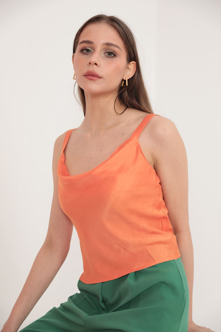 KKT Satin Fabric Collared Collar Women's Blouse-Orange - Petroúpoli