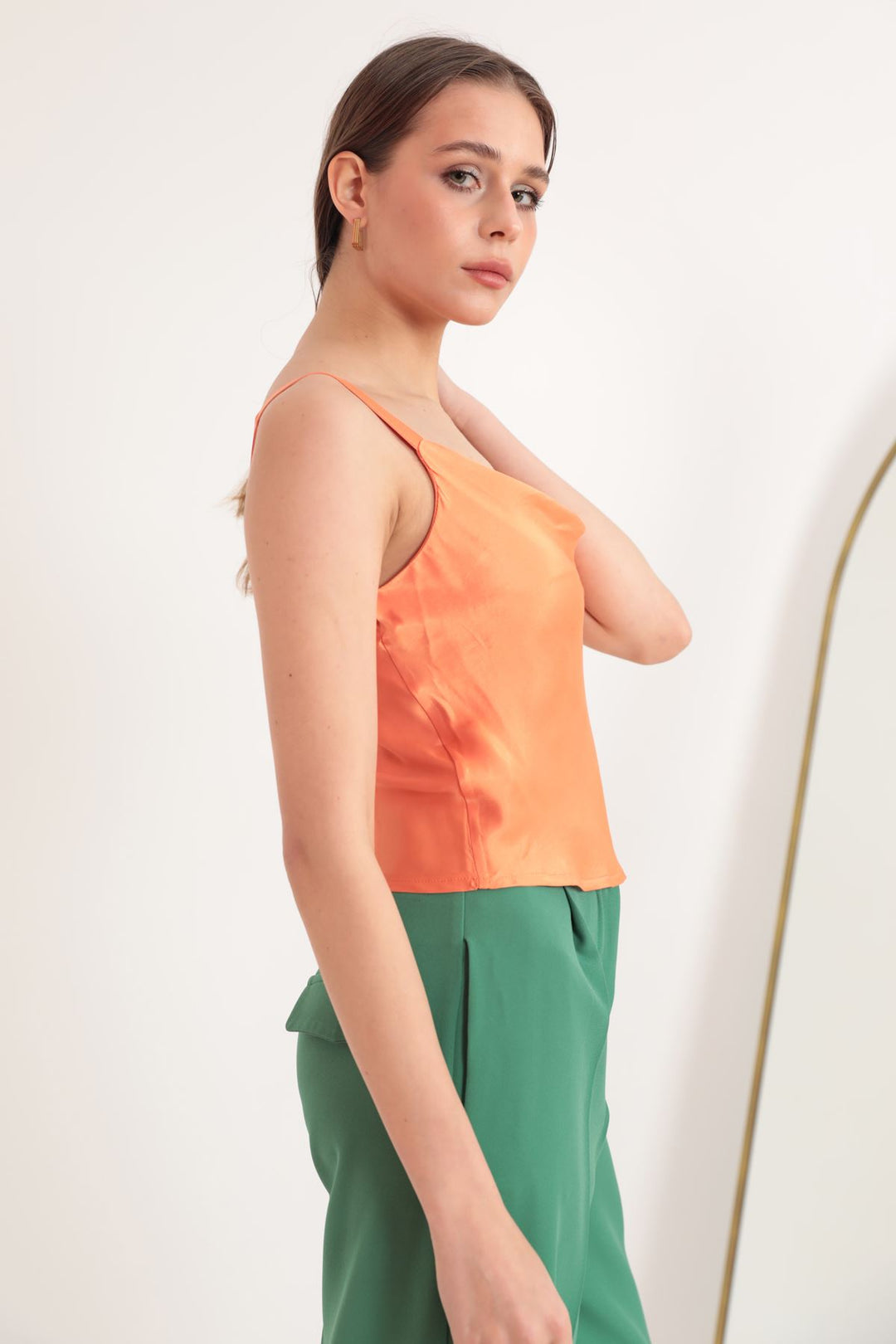 KKT Satin Fabric Collared Collar Women's Blouse-Orange - Petroúpoli