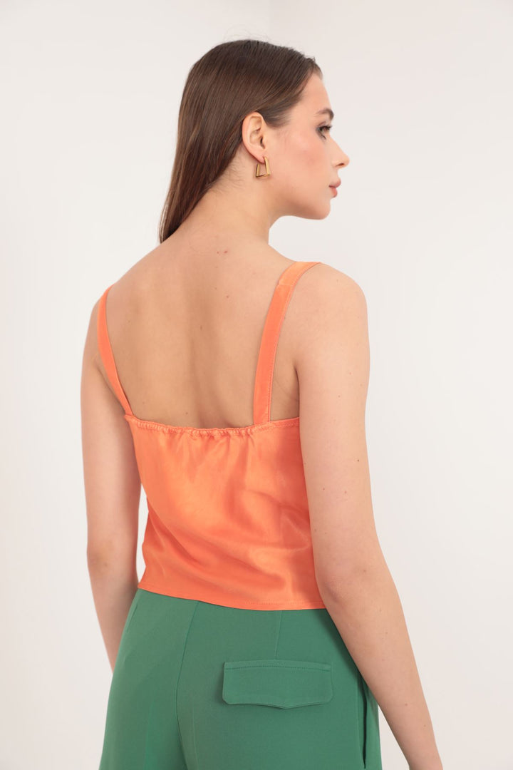 KKT Satin Fabric Collared Collar Women's Blouse-Orange - Petroúpoli