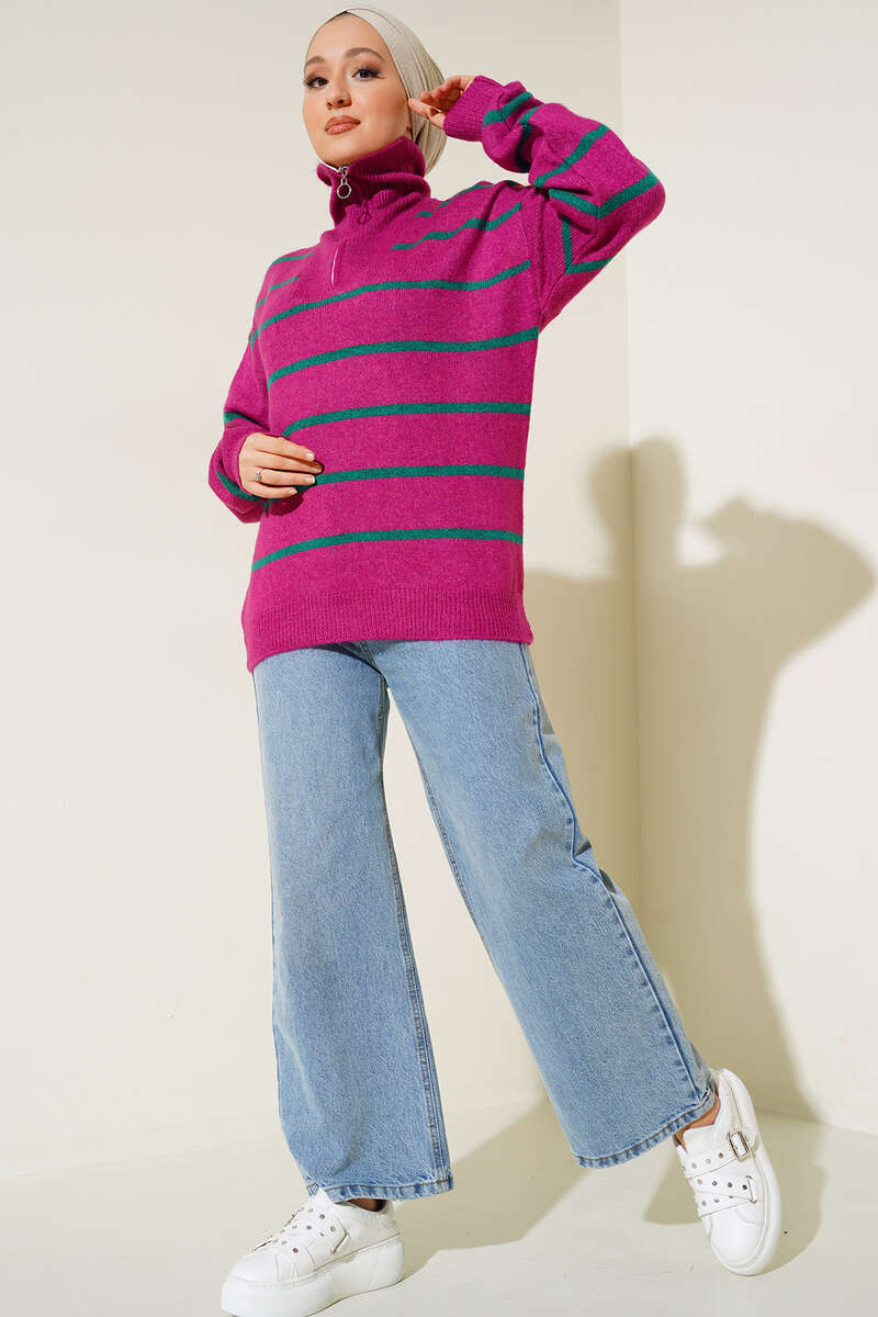 BNG Women Judge Collar Striped Sweater Fuchsia - Clermont