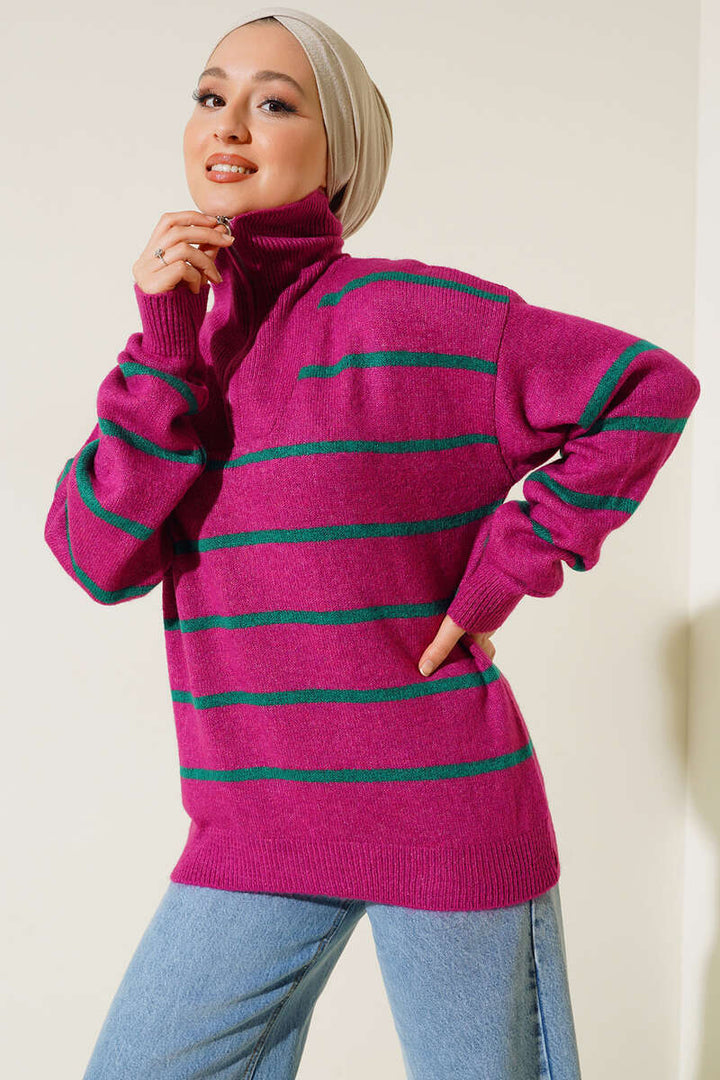 BNG Women Judge Collar Striped Sweater Fuchsia - Clermont