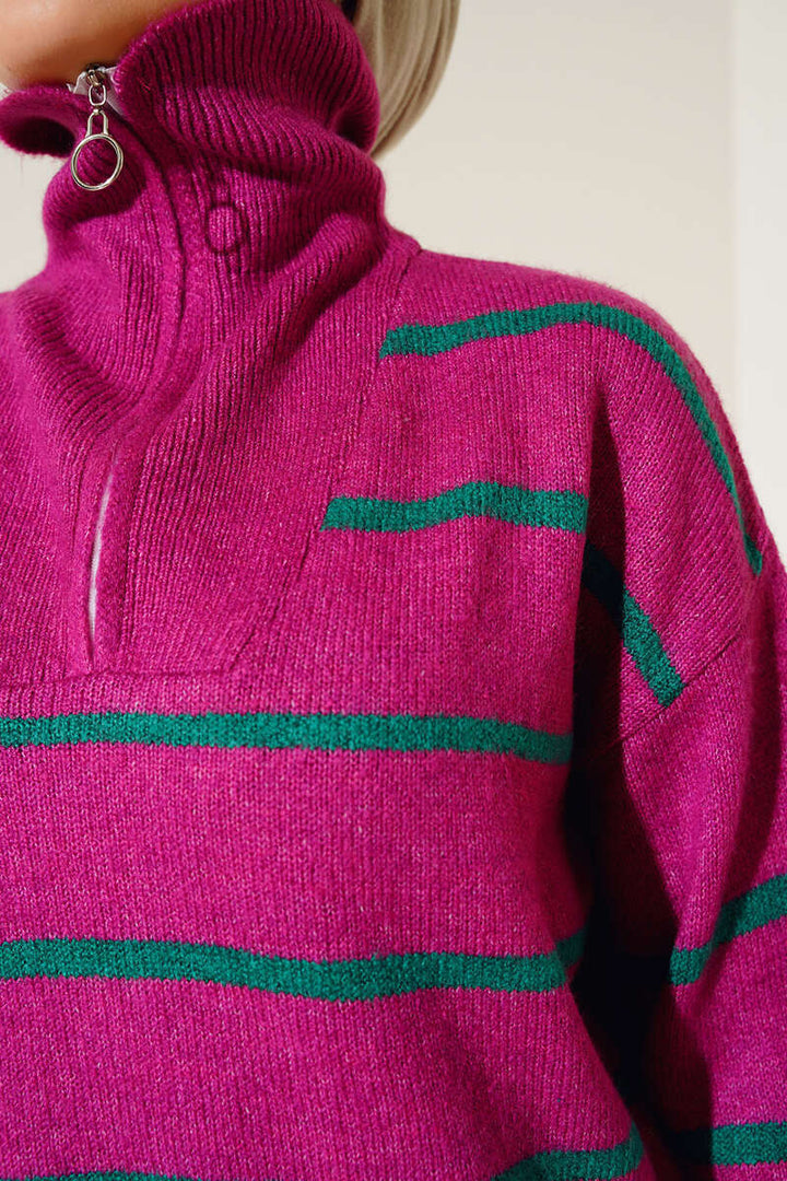 BNG Women Judge Collar Striped Sweater Fuchsia - Clermont