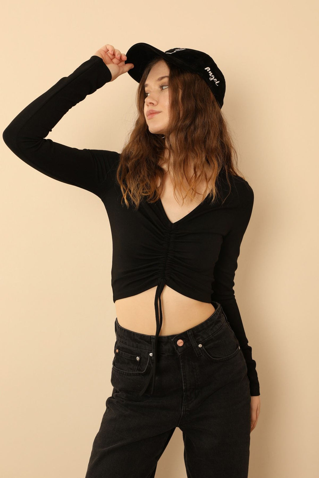 KKT Knit Fabric Long Sleeve V Neck Shirred Front Blouse - Black - Beloeil