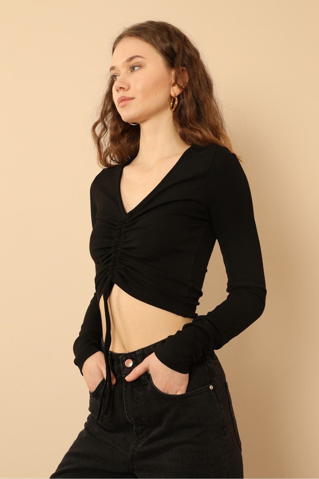 KKT Knit Fabric Long Sleeve V Neck Shirred Front Blouse - Black - Beloeil