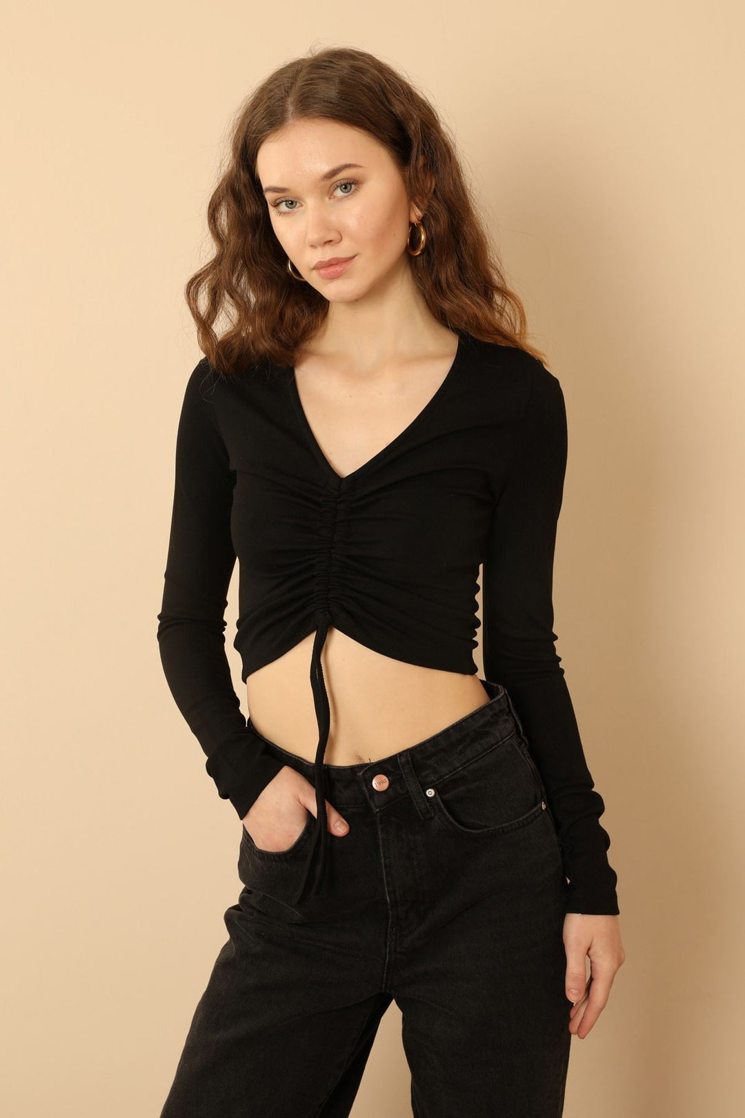 KKT Knit Fabric Long Sleeve V Neck Shirred Front Blouse - Black - Beloeil