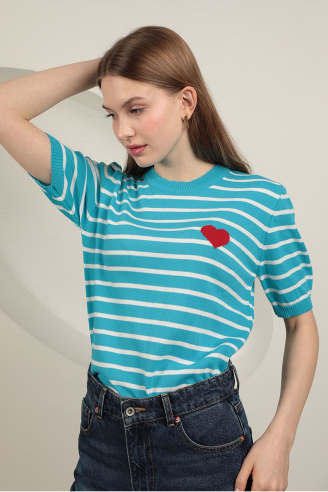 KKT Knitwear Fabric Women's Short Sleeve Blouse-Turquoise - Salina