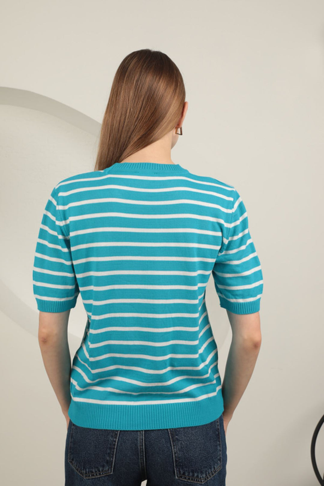 KKT Knitwear Fabric Women's Short Sleeve Blouse-Turquoise - Salina