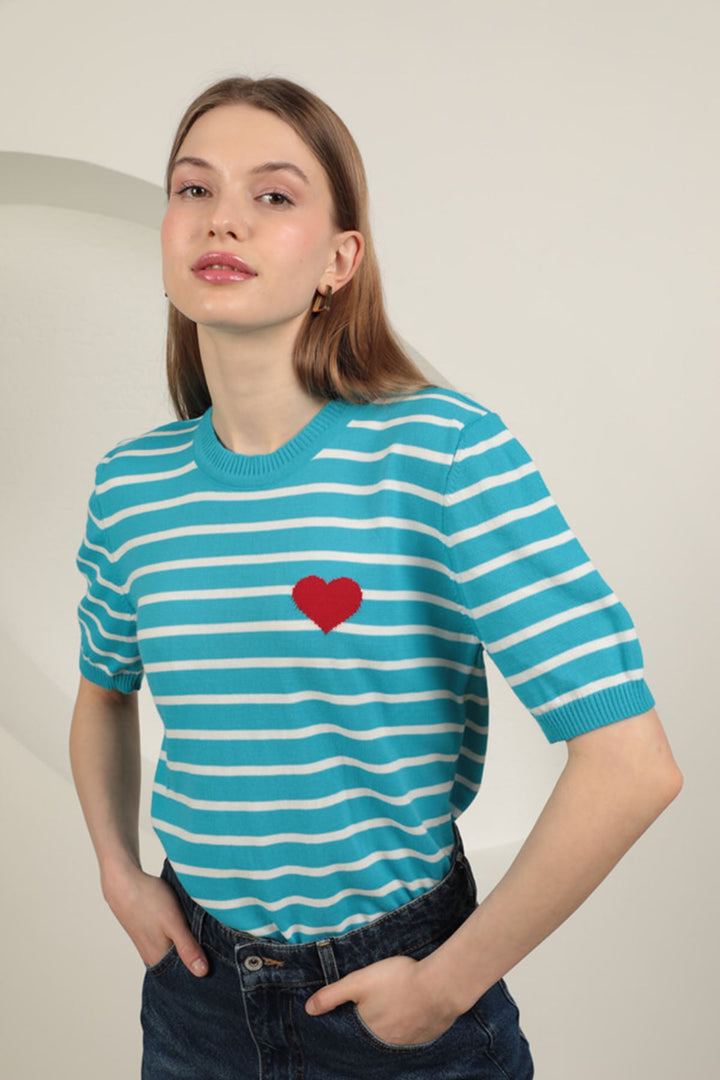 KKT Knitwear Fabric Women's Short Sleeve Blouse-Turquoise - Salina