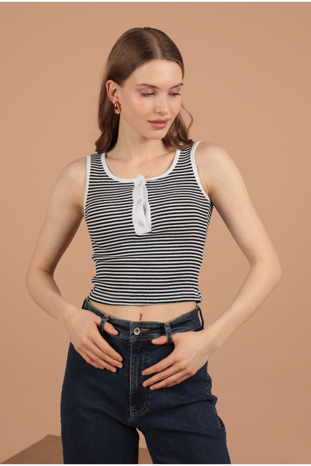 KKT Camisole Striped Fabric Placket Snap Fastener Women's Blouse-Ecru - Oldenburg