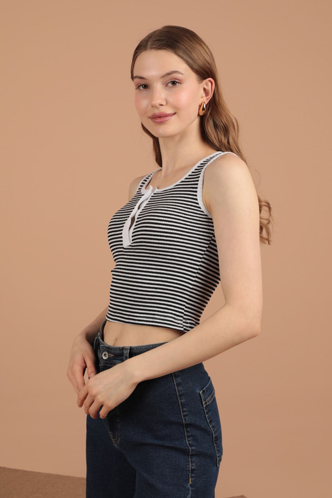 KKT Camisole Striped Fabric Placket Snap Fastener Women's Blouse-Ecru - Oldenburg