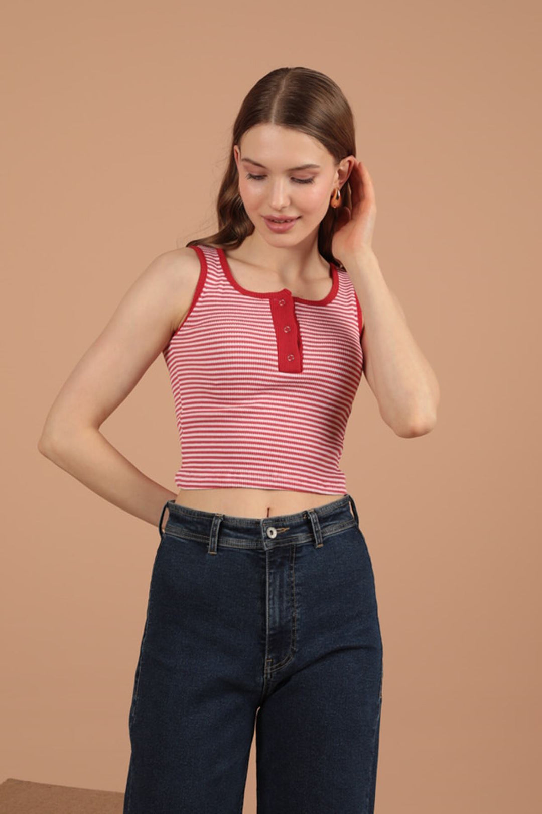 KKT Camisole Striped Fabric Placket Snap Fastener Women's Blouse-Red - Šiauliai