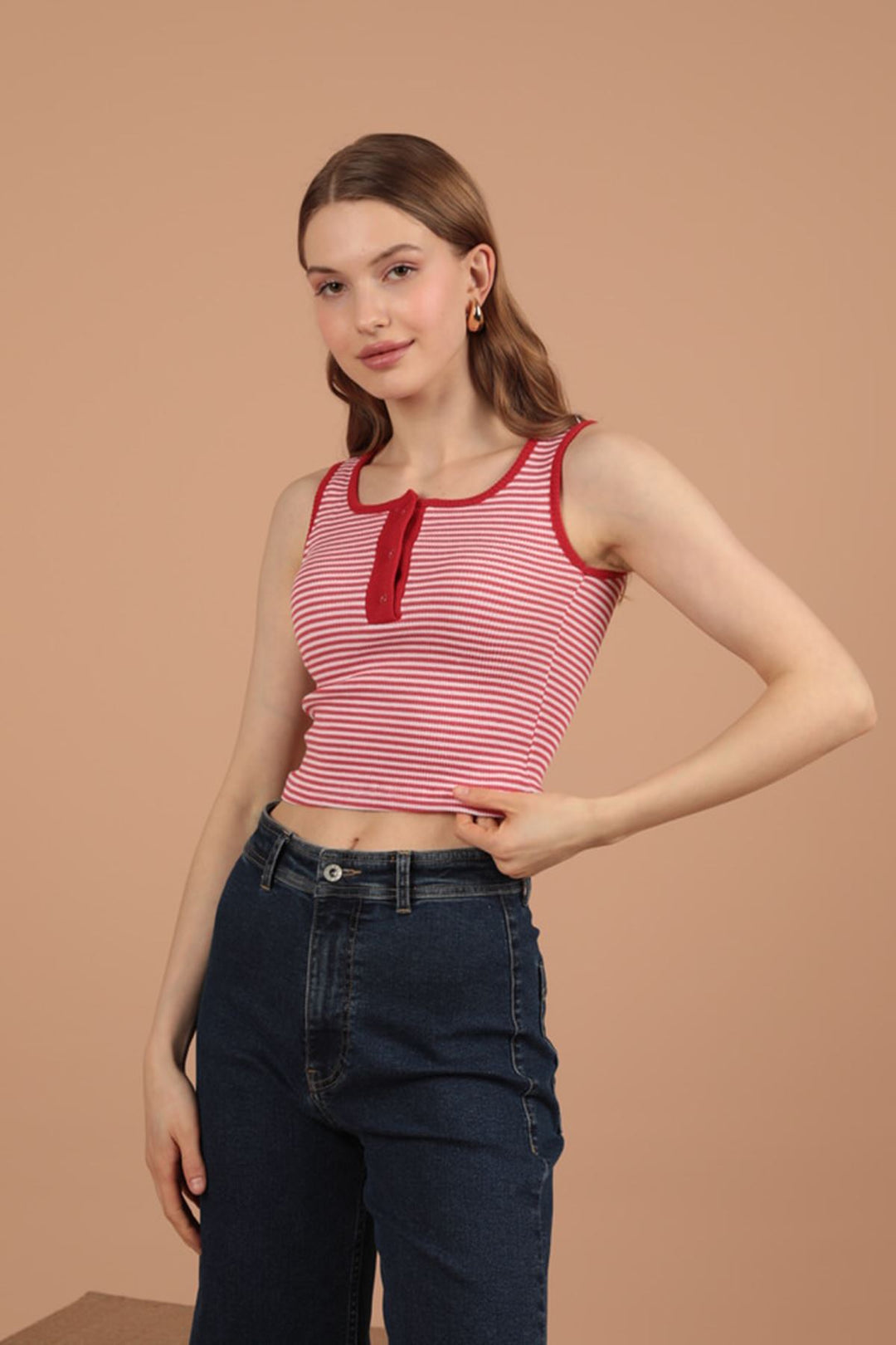 KKT Camisole Striped Fabric Placket Snap Fastener Women's Blouse-Red - Šiauliai
