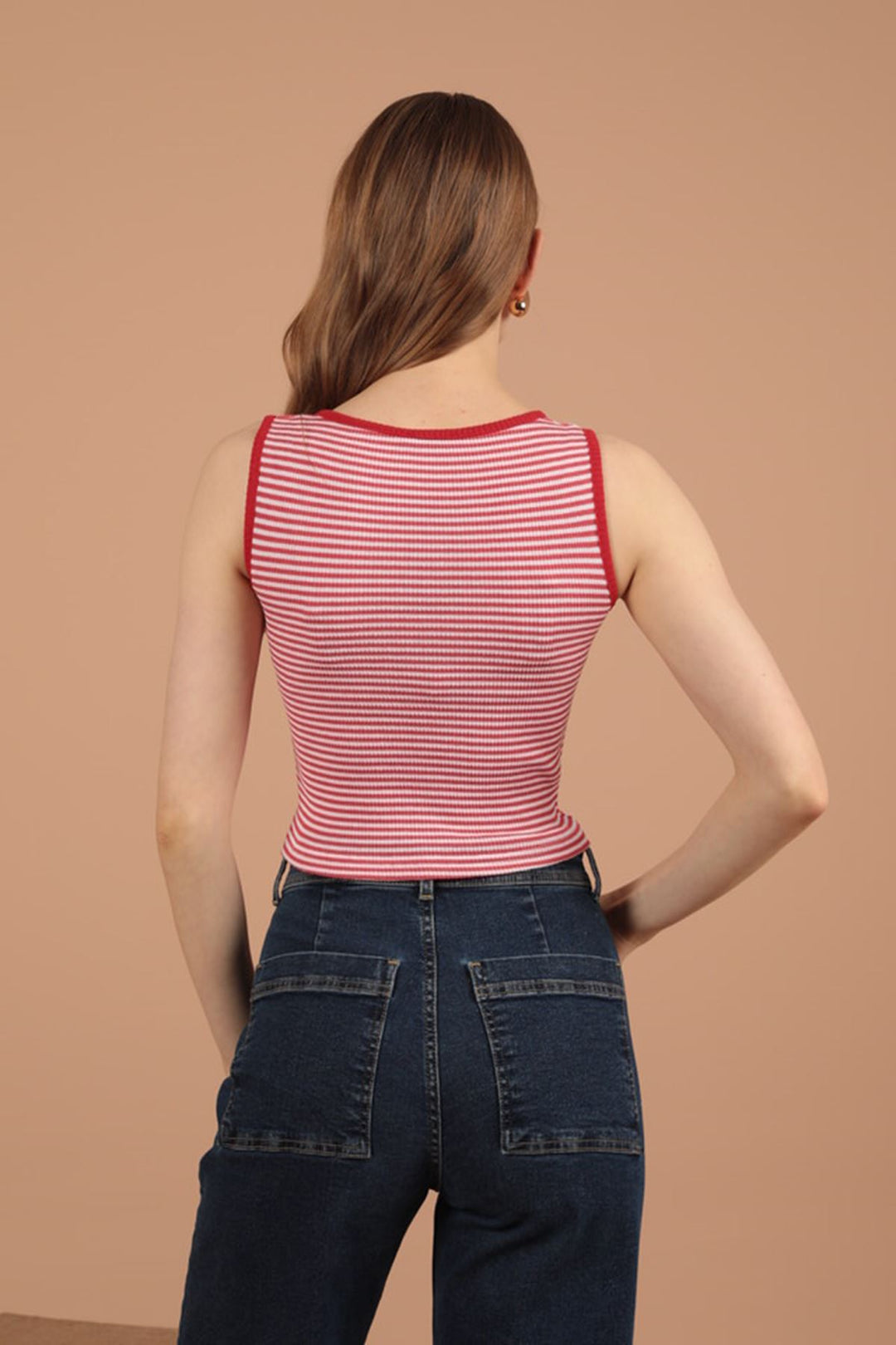 KKT Camisole Striped Fabric Placket Snap Fastener Women's Blouse-Red - Šiauliai