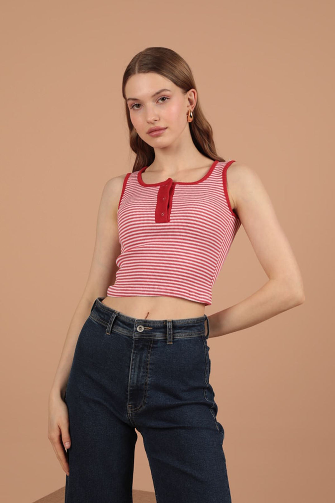 KKT Camisole Striped Fabric Placket Snap Fastener Women's Blouse-Red - Šiauliai