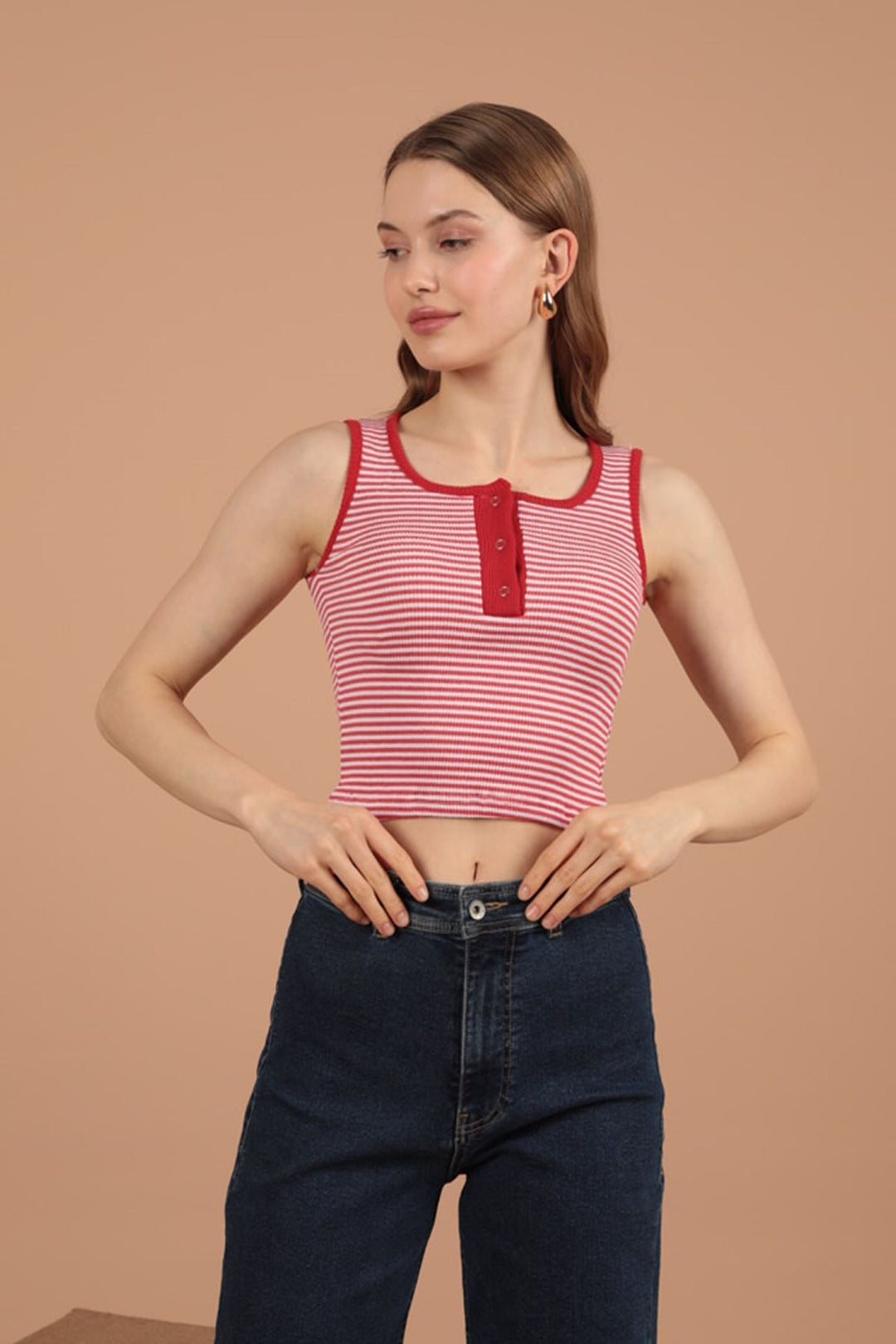 KKT Camisole Striped Fabric Placket Snap Fastener Women's Blouse-Red - Šiauliai
