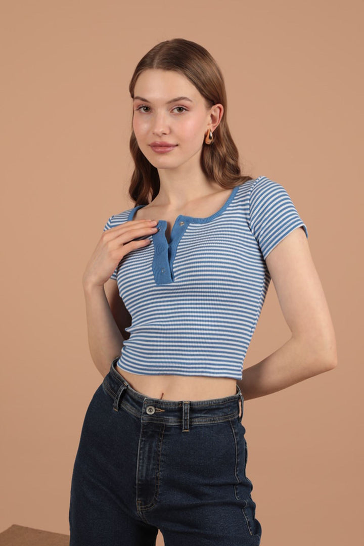 KKT Camisole Striped Fabric Short Sleeve Women's Blouse-Royal - Stevenage