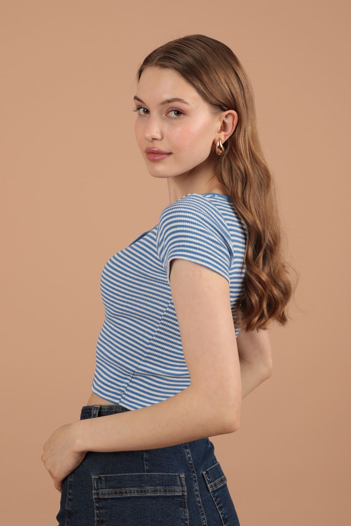 KKT Camisole Striped Fabric Short Sleeve Women's Blouse-Royal - Stevenage