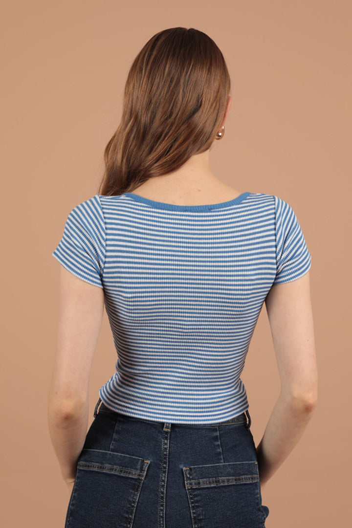 KKT Camisole Striped Fabric Short Sleeve Women's Blouse-Royal - Stevenage