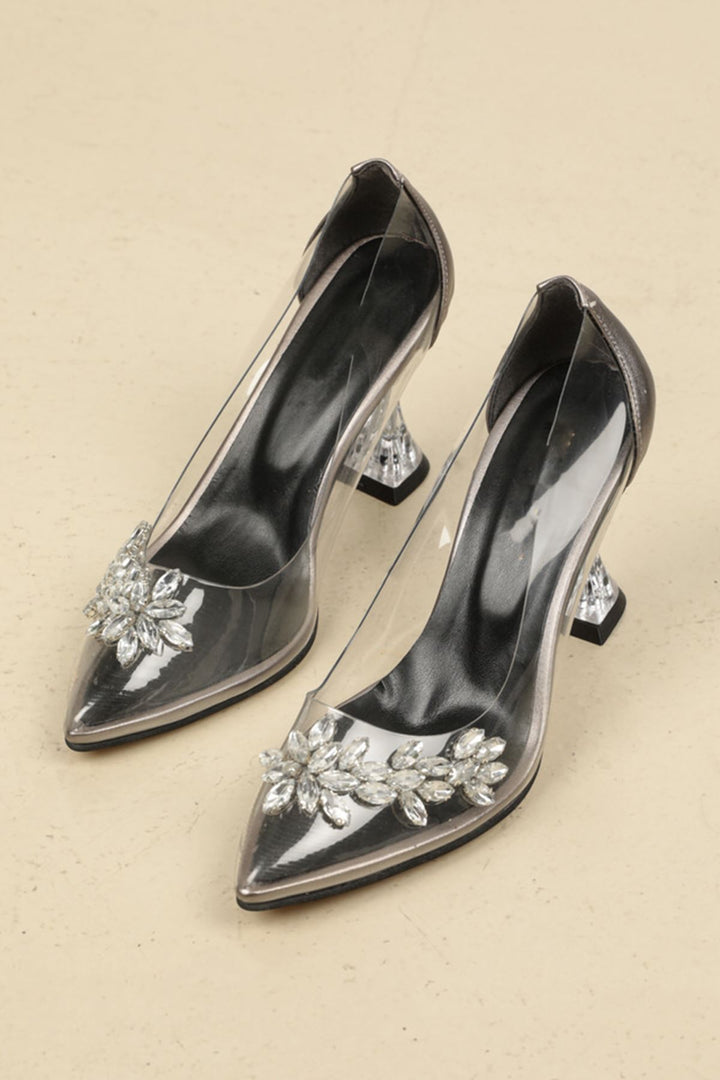 KKT Women's Stoned Short Heeled Transparent Patent Leather Shoes-platinum - North Miami Beach