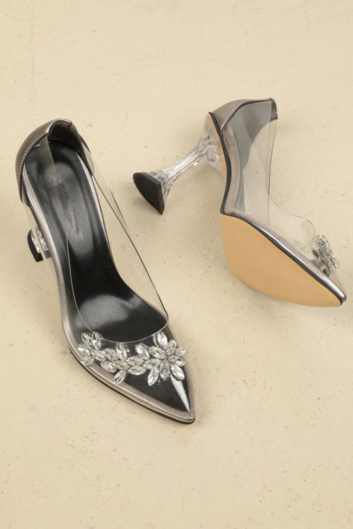 KKT Women's Stoned Short Heeled Transparent Patent Leather Shoes-platinum - North Miami Beach