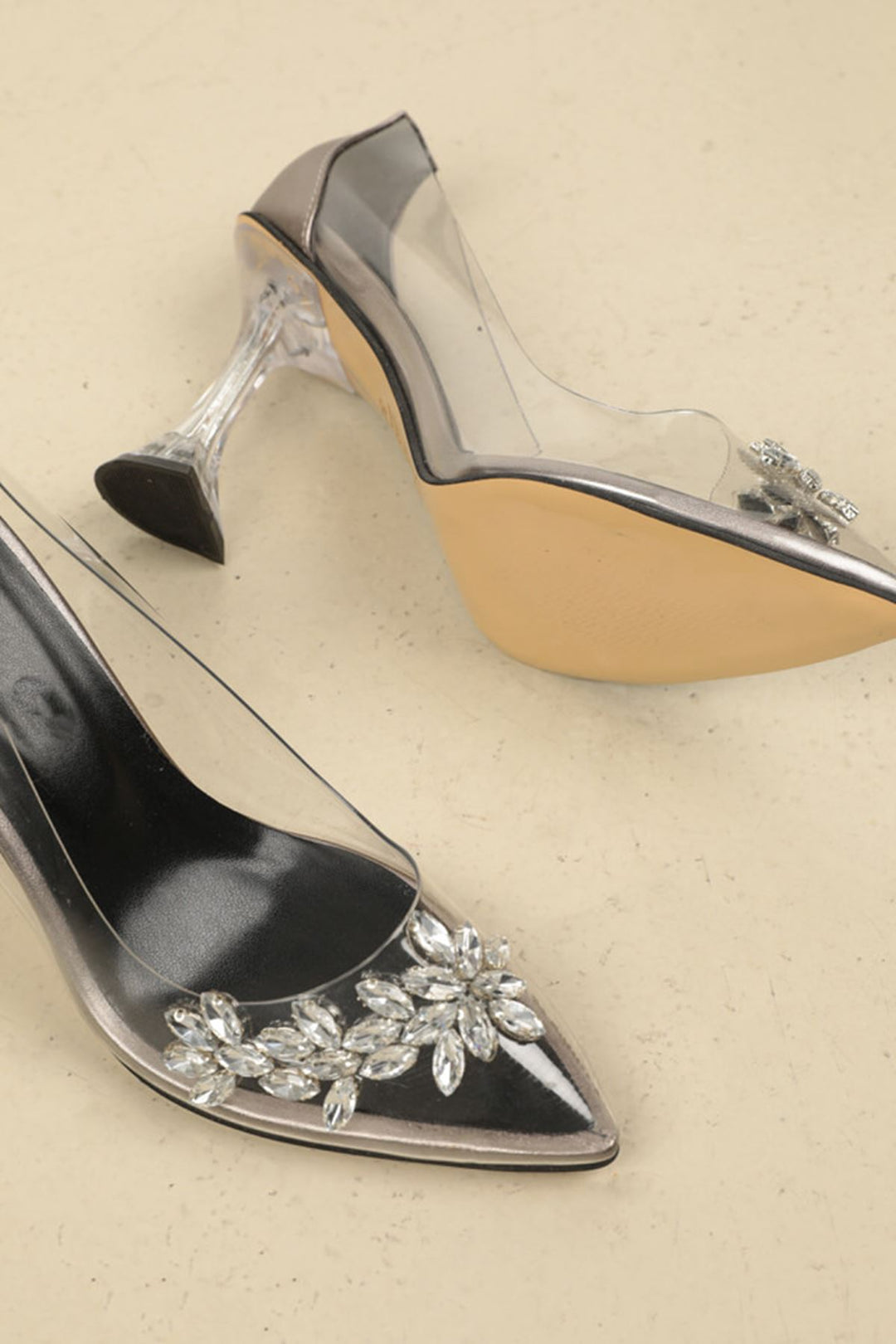 KKT Women's Stoned Short Heeled Transparent Patent Leather Shoes-platinum - North Miami Beach